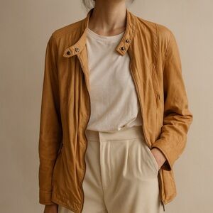 Ulla Popken Tan Light Utility Jacket Leather Sleeves Size 14
